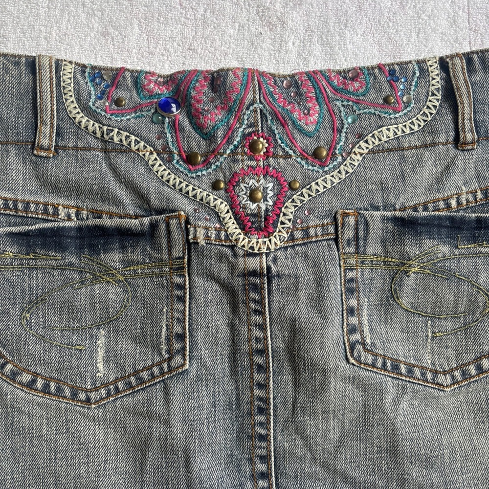 Luodi Y2K Denim Mini Skirt Embroidered Beaded Medium Wash Blue Cotton Size 48 - Picture 2 of 5